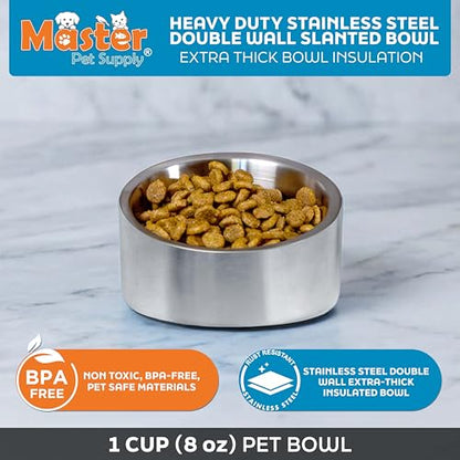Master Pet Supply Stainless Steel Slanted Dog Cat Food Bowl - 8 oz Heavy Duty - Stainless Steel, Double Wall Insulated, Non-Slip Elevated Bowl for French Bulldogs Pugs Cats, Anti Rust Dishwasher Safe - color: Stainless Steel, size: 1 Cup (8 oz)
