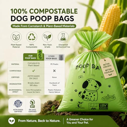 Biodegradable Dog Poop Bags, 240 Bags with Free Dispenser | ASTM D6400 & EN 13432 Compliant BPI Certified Poop Bags for Dogs, Unscented, Large, Earth Friendly Leakproof, Easy to Open - color: Green, size: 240 Count (Pack of 1)