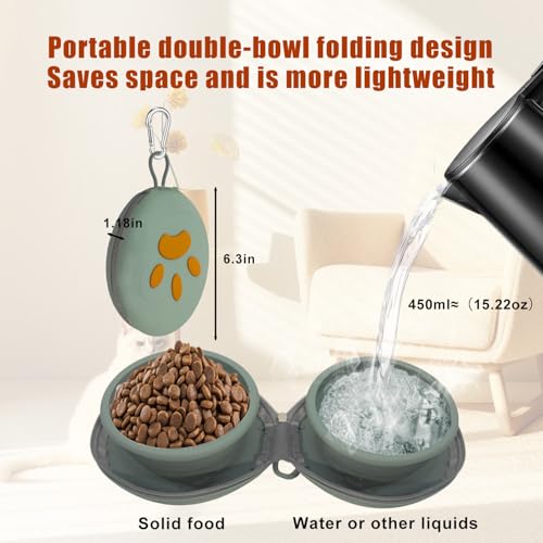 Collapsible Dog Bowl 2-in-1 Travel Portable Silicone Carabiner,Green | food & water use, folds flat, compact storage, camping, hiking, everyday walks, carabiner clip included - color: A-Green