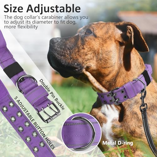 Tactical Dog Collar with Control Handle, Military Adjustable Pet Collar Reflective Heavy Metal Buckle Dog Collar, Soft Nylon Training Collar for Medium Large Dogs (Purple, Large) - color: Purple, size: Large