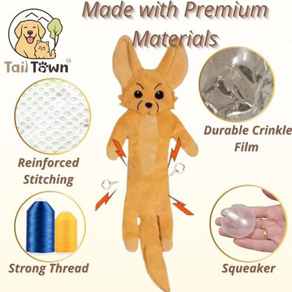 Fox Dog Toy, No Stuffing Plush Squeaky Crinkle Toy for Gentle Chewing & Interactive Play, Puppy Chew Toy for Small Medium Large Dogs, Tail Town - color: Fennec Fox