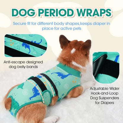 QBLEEV Dog Diapers Overalls, Escape Proof Full Body Female Male Dog Diapers with Suspenders, Reusable Washable Period Pants for in Heat Incontinence, 2-1Detachable Doggie Onesie with Tail Hole - color: Green, size: XS