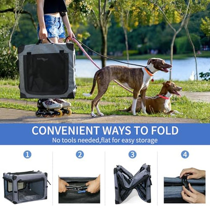 NEZUC Collapsible Dog Crates for Large Dogs Portable Soft Sided Travel Dog Carrier for Indoor & Outdoor, 4-Door Foldable Pet Kennel with Durable Mesh Windows (Gray, 24.0" L x 17.0" W x 17.0") - size: 24.0"L x 17.0"W x 17.0"H
