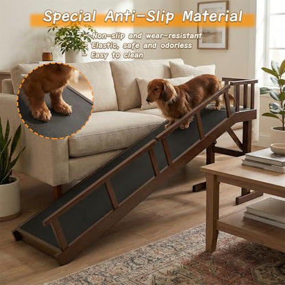 73" Dog Ramp for Bed with Rest Platform & Glow Strips, 20° Gentle Slope, EVA Non-Slip Surface, Removable Safety Rails, Birchwood Solid Wood, for Small, Large & Senior Dogs, Joint Protection, Brown - size: 73.2"L x 25"H x 15.7"W