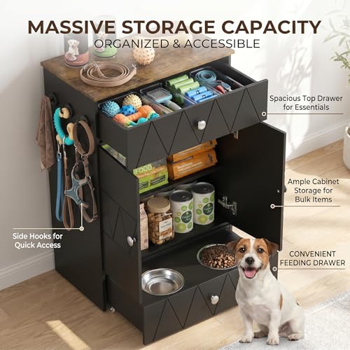 Pet Feeding Station with Storage, Raised Dog Bowls, Pet Feeder Cabinet, with Adjustable Shelves, Rolling Drawer, Hooks, for Feeding & Watering Supplies (Black) - color: Black