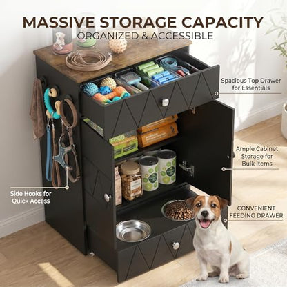 Pet Feeding Station with Storage, Raised Dog Bowls, Pet Feeder Cabinet, with Adjustable Shelves, Rolling Drawer, Hooks, for Feeding & Watering Supplies (Black) - color: Black