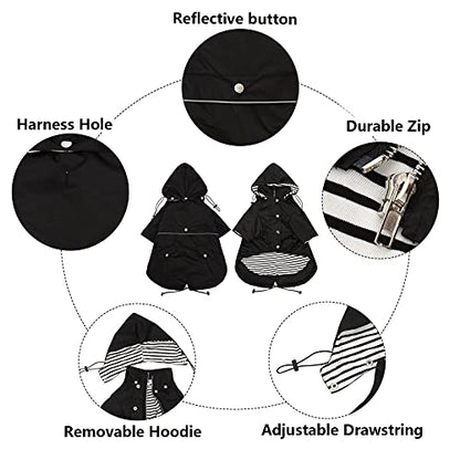 Morezi Dog Zip Up Raincoat with Reflective Buttons, Rain/Water Resistant, Adjustable Drawstring, Removable Hood, Raincoats with Legs 8lbs to 80lbs Available - Black - S - color: Black, size: Small