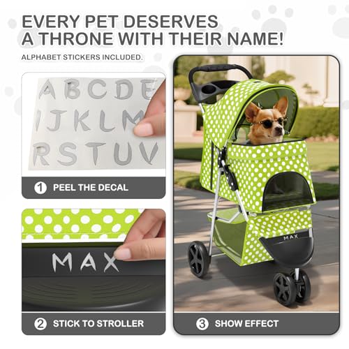 MoNiBloom 3 Wheels Pet Dog Cat Stroller for Small Medium Dogs Cats, Foldable Jogger Stroller w/Storage Basket and Cup Holder, Lawn Green Polka Dots - color: Lawn Green Polka Dots