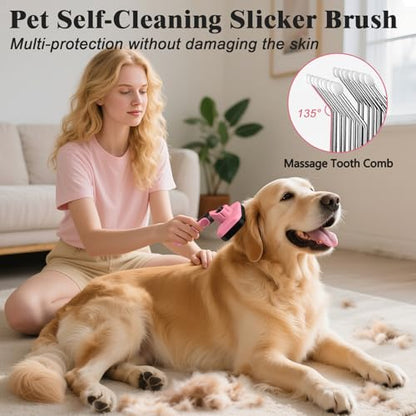 2PCS Self Cleaning Slicker Brush & Dog Comb - Skin Friendly Deshedding Grooming Tool for Dogs, Cats and Small Animals, Professional Deshedding Dematting Tool for Long and Short Haired Pets (Pink) - color: Pink
