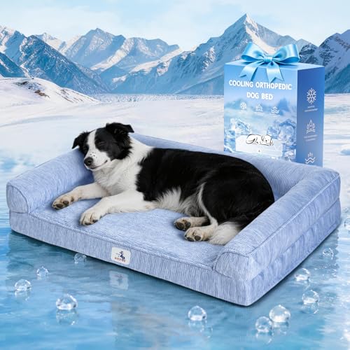 Cooling Dog Bed Medium Size Dogs, Orthopedic Dog Bed with Pillow Memory Foam Waterproof Couch Removable Cover Washable Nylon Pet Sofa with Non Slip Bottom Indoor Outdoor (36" Blue) - color: Glacier Blue, size: 36x27x6.5inch