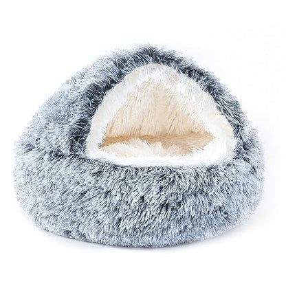 NOYAL Round Hooded Donut Dog Bed for Small & Medium Pets - Plush Fluffy Anti-Anxiety Cat Cave Bed with Cover - color: Gradient Dark grey, size: Medium 23.6''