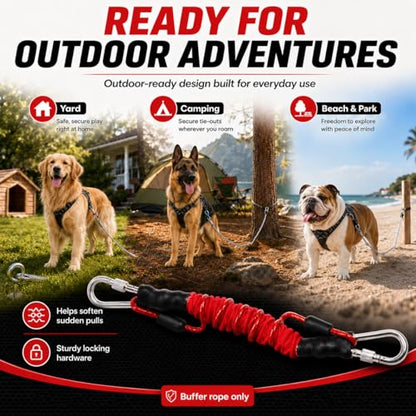 Heavy Duty Dog Tie-Out Bungee Cord, Shock Absorbing Elastic Buffer Extension with Dual Locking Carabiners, Red Stretch Leash for Outdoor Stake, Yard, Camping & Large Dogs
