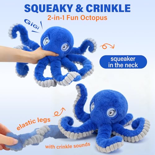 Dog Octopus Squeaky Toys, Interactive Tug of War Doggie Toy with Crazy Crinkle for Pet Dogs Use Only, Stuffed Plush Octopus Toy for Puppies Keep Busy Reduce Boredom (Blue,4" x 4.8") - color: Blue