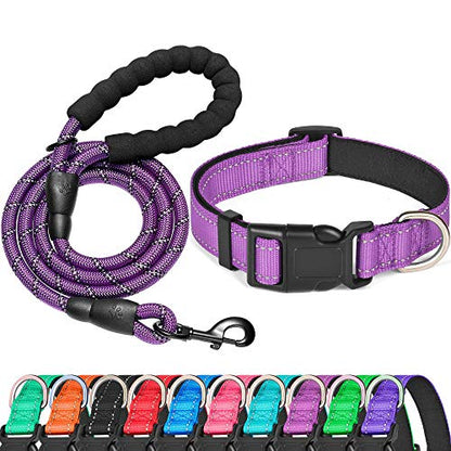 Ladoogo Reflective Dog Collar Padded with Soft Neoprene Breathable Adjustable Nylon Dog Collars for Small Medium Large Dogs (X-Small (Pack of 1), Purple Collar+Leash) - color: Purple Collar+Leash, size: X-Small (Pack of 1)