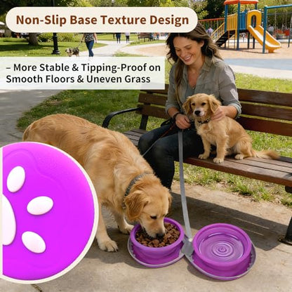 Collapsible Dog Bowl 2-in-1 Travel Portable Silicone Carabiner,Purpie | food & water use, folds flat, compact storage, camping, hiking, everyday walks, carabiner clip included - color: A-Purpie