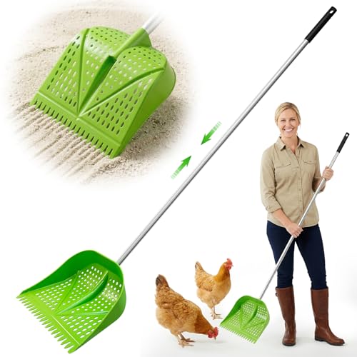 Thiswing Chicken Poop Scooper & Rake 2-in-1, Adjustable Handle Length from 38" to 66", Features Manure Sifting Capability – Ideal for Chicken Coops and Farm Animal Cleaning (Green)