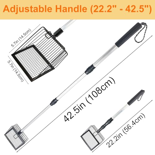 Cat Litter Scoop with Extendable Long Handle, 22.2"-42.5" No Bending Back Metal Kitty Litter Scoop, Large Non-Stick Wide Flat Head Heavy Duty Cat Pooper Scooper