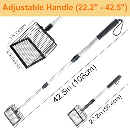 Cat Litter Scoop with Extendable Long Handle, 22.2"-42.5" No Bending Back Metal Kitty Litter Scoop, Large Non-Stick Wide Flat Head Heavy Duty Cat Pooper Scooper