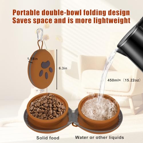 Collapsible Dog Bowl 2-in-1 Travel Portable Silicone Carabiner,Brown | food & water use, folds flat, compact storage, camping, hiking, everyday walks, carabiner clip included - color: A-Brown