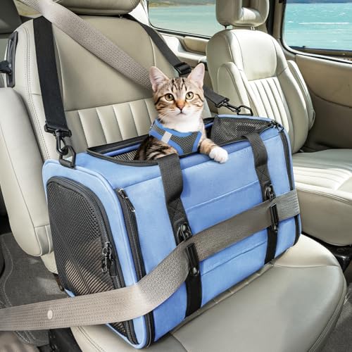 PETSFIT Soft-Sided Cat Carrier with Patented Safety Buckles, Lockable Zippers & Safety Tether,Escape-Resistant Travel Pet Carrier for Car Rides & Vet Visits, Airline Approved Under-Seat, Up to 12 lbs - color: Blue, size: 18.0"L x 11.0"W x 11.0"H