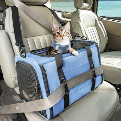 PETSFIT Soft-Sided Cat Carrier with Patented Safety Buckles, Lockable Zippers & Safety Tether,Escape-Resistant Travel Pet Carrier for Car Rides & Vet Visits, Airline Approved Under-Seat, Up to 12 lbs - color: Blue, size: 18.0"L x 11.0"W x 11.0"H