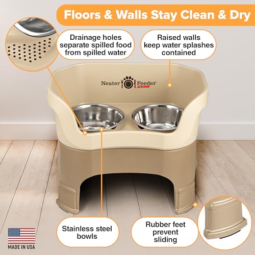 Neater Feeder Deluxe Mess Proof Dog Bowls Elevated for Large Breeds – Made in USA – No Spill Raised Slow Feeder Elevated Dog Bowl Stand, Stainless Steel Food and Water Bowl Set, Cappuccino - color: Cappuccino, size: Large with Slow Feed Bowl