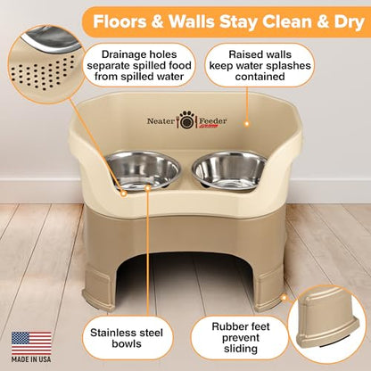 Neater Feeder Deluxe Mess Proof Dog Bowls Elevated for Large Breeds – Made in USA – No Spill Raised Slow Feeder Elevated Dog Bowl Stand, Stainless Steel Food and Water Bowl Set, Cappuccino - color: Cappuccino, size: Large with Slow Feed Bowl