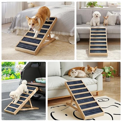 Adjustable Wooden Dog Ramp for Bed and Couch - 39" Folding Pet Ramp with 4 Heights and Non-Slip Safety Rails for 132lbs Small, Medium, and Senior Dogs - size: 39"L
