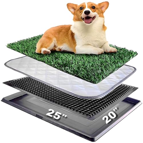 Dog Grass Pad with Tray 25"X20" - Artificial Turf Pet Potty for Apartment Balcony/Patio, Portable Fake Grass Litter Box for Dogs Training, Indoor/Outdoor Reusable Washable Pee Mat - size: 25"×20"