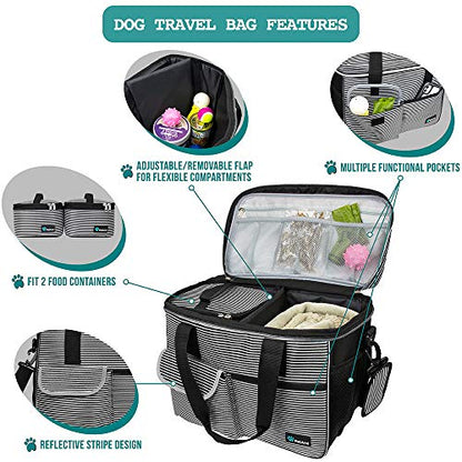 PetAmi Dog Travel Bag Organizer, Pet Travel Kit with 2 Food Containers & 2 Collapsible Dog Bowls, Pet Supplies Tote with Luggage Sleeve, Weekend Road Trip Camping Essentials, Stripe Black, Medium - color: Stripe Black, size: Medium - 14.5"L x 8"W x 12.0"H