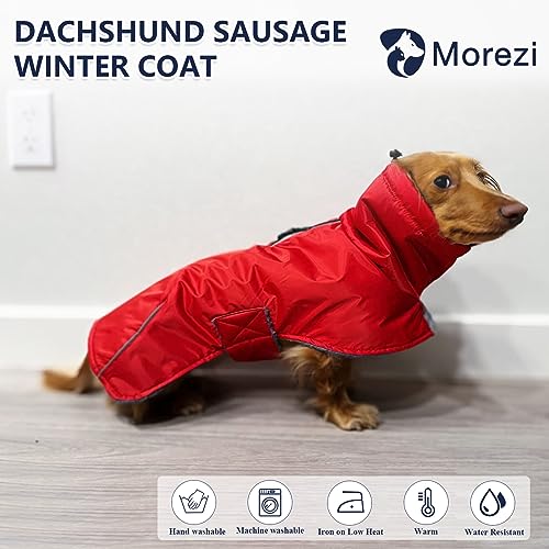 Dachshund Coats Waterproof, Perfect for Dachshunds, Sausage, Weiner Dog Winter Coat with Padded Fleece, Puppy Snowsuit with Adjustable Bands and High Vis Reflective Trim - Red - M - color: Red, size: Medium