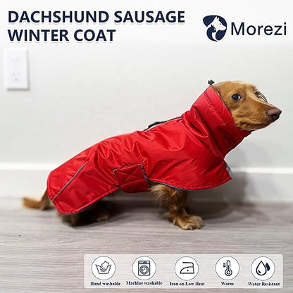 Dachshund Coats Waterproof, Perfect for Dachshunds, Sausage, Weiner Dog Winter Coat with Padded Fleece, Puppy Snowsuit with Adjustable Bands and High Vis Reflective Trim - Red - M - color: Red, size: Medium