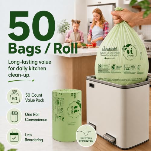 UNNI Compostable Trash Bags, 8 Gallon / 30 Liter, 100 Count, Extra Thick 0.85 mil Medium Kitchen Food Scrap Bin Liners, Certified by BPI, CMA & OK compost HOME, Meets the ASTM D6400 Standard - size: 100 Count (Pack of 1), style: 8 Gallon