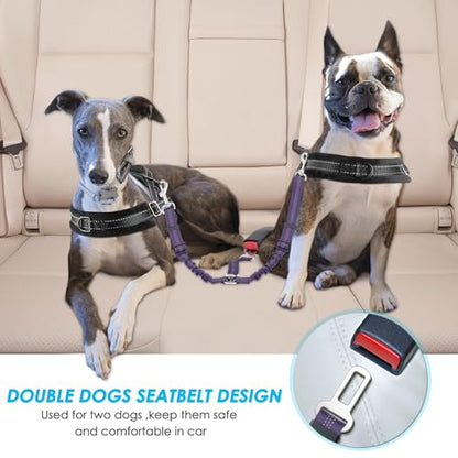 SlowTon Dog Seat Belt, Double Dog Seatbelt Adjustable Vehicle Safety Leash with Elastic Bungee Buffer, Reflective No Tangle Y Shape Two Dog Harness Seat Belt Splitter for Pets Car Trip (Purple, M) - color: H.Purple, size: 2 Medium in 1