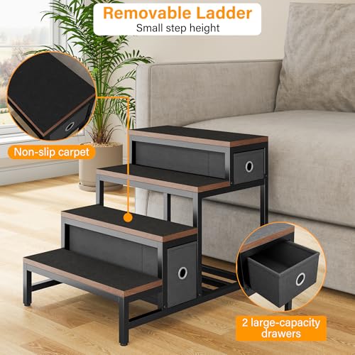 kepptory Dog/Cat Window Perch with Stairs and Seat Cushion, Pet Bunk Bed with Storage Drawers, Bedside Dogs Cot for Small, Medium Cats & Dogs, Pet Stairs Ramp(Brown) - color: Brown