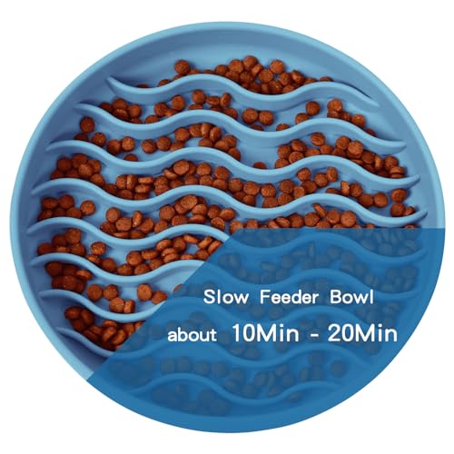 Slow Feeder Dog Bowls, Silicone Food Bowl Anti-Gulping, Pets Puppy Slow Feeder with Suction Cups, Dishwasher Microwave Safe for All Small Medium Dogs, Wave Design Blue - color: blue