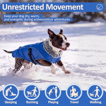 DENTRUN Warm Dog Winter Coat, Easy On Reflective Turtleneck Fleece Jacket | Adjustable buckle, easy on off, windproof & water-repellent, thick fleece snowsuit, outfit fits small to large breeds - color: Blue, size: Small