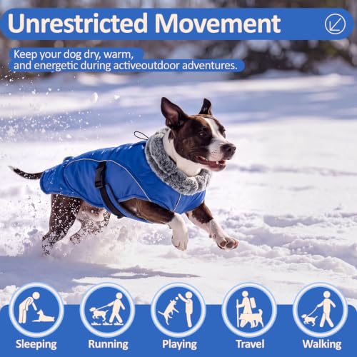 DENTRUN Warm Dog Winter Coat, Easy On Reflective Turtleneck Fleece Jacket | Adjustable buckle, easy on off, windproof & water-repellent, thick fleece snowsuit, outfit fits small to large breeds - color: Blue, size: Medium