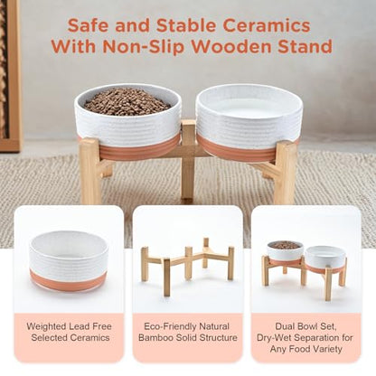 SPUNKYJUNKY Elevated Dog Bowls Ceramic, 6.1'' Dogs and Cat Food Water Bowls Raised with Non-Slip Bamboo Stand for Medium Sized Breed Microwave Dishwasher Safe - 28.7 OZ,Pattern White - color: Pattern White, size: 6.1 in - 3.6 cups