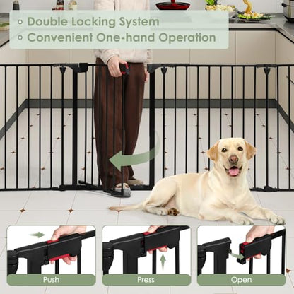 SMONTER Freestanding Dog Gate with Door Walk Through, 152" Extra Wide Foldable Dog Fence with Removable Cover, 6 Panels 29" Tall Metal Pet Gate for Stairs, Hallways - size: 6 Panels with Cover 152" W x 29" H