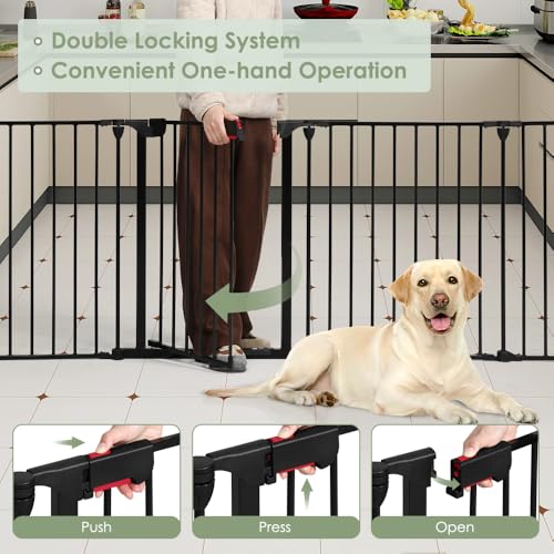 SMONTER Freestanding Dog Gate with Door Walk Through, 102" Extra Wide Foldable Dog Fence, 4 Panels 29" Tall Metal Pet Gate for Stairs, Hallways - size: 4 Panels 102" W x 29" H