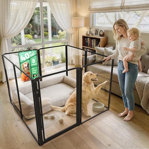 FXW AuraSpace Pro Acrylic Indoor Dog Playpen, Heavy-Duty with Metal Frame, 40" Height 8 Panels for Medium and Large Dogs, Black│Patented - color: Black, size: 40"H