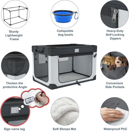 42 Inch Collapsible Soft Dog Crate for Extra Large Dogs, 3-Door Foldable Travel Dog Kennel with Durable Mesh Windows for Indoor & Outdoor, with Warm Blanket and Foldable Bowl - size: 42.0"L x 31.0"W x 31.0"H