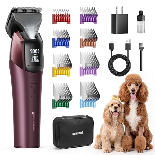 oneisall Professional Dog Clippers for Grooming Thick Hair, 9000RPM 5 Speed | 5 in 1 DLC Blade, 280min Cordless, Low Noise Dog Grooming Kit with 8 Metal Combs Carring Case for Dogs Cats Pet - color: Red