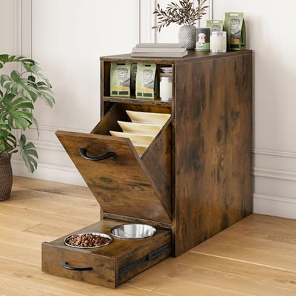 DWVO Dog Feeding Station with Storage, Dog Food Cabinet with 2 Feeder Bowls, Pull Out Elevated Dogs Bowl, Rustic Brown - color: Brown, size: 1 PCS