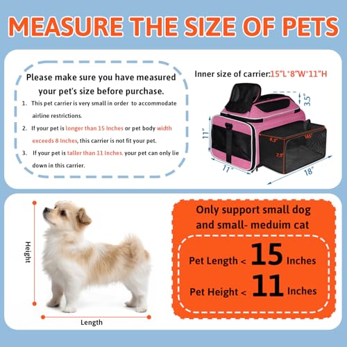 Petskd Top and Side Expandable Pet Carrier 18x11x11 Inches Delta United Airline Approved, Soft-Sided Carrier for Small Cats and Dogs with Locking Safety Zippers and Anti-Scratch Mesh(Pink) - color: Pink, size: 18.0"L x 11.0"W x 11.0"H