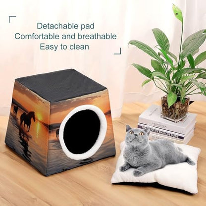 Collapsible Soft Dog Crate Pet Kennel Houses Sunsets Lake Horses Printed Lightweight Travel Crate Kennel Indoor & Outdoor, 13.8"x13.8"x11.8"
