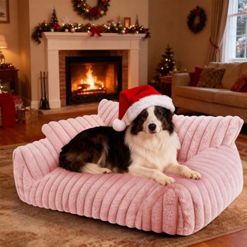 Cute Dog Cat Couch for Medium Large Dogs,Fluffy Pet Sofa Dog Couch Bed with Premium Soft Corduroy Fleece,Cute Washable Dog Bed Medium Large Size Dog,Supportive Cat Sofa Pet Bed(36x27x10,Pink) - color: Pink, size: Large