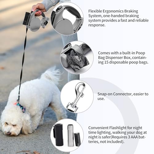 Retractable Dog Leash for Medium & Small Dogs - 16.4 Ft Pet Leash with Detachable LED Flashlight, Poop Bag Dispenser, Ergonomic Handle(Gray)