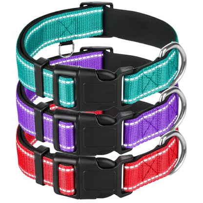 TECEUM 3 Pack Reflective Dog Collar – Purple&Red&Teal – M – Extra Soft Padding – Basic Nylon Pet Collar - color: Purple&Red&Teal, size: Medium